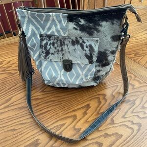 Myra Upcycled Canvas, Cowhide, Leather Crossbody